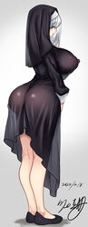  ass black_dress black_footwear breasts commentary_request covered_nipples dated dress female from_behind from_side grey_background habit huge_ass huge_breasts kawakami_masaki kneepits long_hair long_sleeves looking_at_viewer looking_back medium_dress nun original see-through_silhouette sideways_glance signature simple_background solo white_hair 