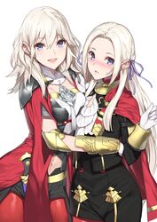  2girls :d alternate_color armor asymmetrical_docking black_cape black_jacket black_shorts blush breast_press breasts byleth_(female)_(fire_emblem) byleth_(fire_emblem) cape cleavage clothing_cutout coat color_connection commentary_request cosplay couter cowboy_shot dagger edelgard_von_hresvelg edelgard_von_hresvelg_(cosplay) elbow_pads fire_emblem fire_emblem:_three_houses forehead garreg_mach_monastery_uniform gloves gorget hair_ribbon high-waist_shorts highres hug jacket knife long_hair long_sleeves looking_at_viewer medium_breasts multiple_girls navel navel_cutout nose_blush open_mouth pantyhose pantyhose_under_shorts parted_lips purple_eyes purple_ribbon red_cape red_coat red_pantyhose ribbon school_uniform sheath sheathed short_sleeves shorts shoulder_armor side_cape sidelocks simple_background smile super_smash_bros. sweatdrop tassel turtleneck vambraces waist_cape weapon white_background white_gloves white_hair wrist_guards yappen yuri 