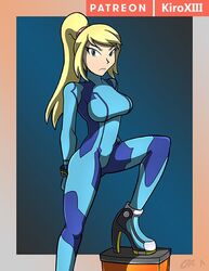  blonde_hair blue_eyes bodysuit high_heels kiroxiii looking_at_viewer metroid nintendo ponytail samus_aran watermark zero_suit zero_suit_samus 