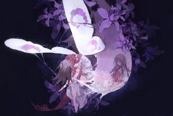  2girls barefoot black_background blood blood_on_clothes blood_on_knife butterfly_girl butterfly_wings chinese_commentary closed_eyes cocoon death dress dual_persona facing_down flower flower_request hatching hice_hideice highres holding holding_knife holding_weapon insect_wings knife lolicon long_hair messy_hair mikasa_ackerman multiple_girls plantar_flexion profile purple_flower red_scarf scarf shingeki_no_kyojin short_sleeves symbolism weapon white_dress wings 