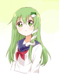  alternate_costume breasts closed_mouth cropped_torso female frog_hair_ornament green_eyes green_hair hair_between_eyes hair_ornament kochiya_sanae light_blush light_frown long_hair long_sleeves looking_at_viewer namori_(style) neckerchief red_neckerchief sailor_collar sasaki_sakiko school_uniform shirt sidelocks simple_background small_breasts snake_hair_ornament solo touhou upper_body white_background white_shirt 