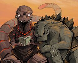  2018 ambiguous_gender book claws closed_eyes duo feral godzilla godzilla_(2014) godzilla_(series) grey_body grey_scales grey_skin head_on_shoulder holding_book holding_object kaiju koroguchi leaning_on_another long_tail monster nude pupils reading reading_book red_accents reptile resting resting_on_shoulder scales scalie semi-anthro sharp_teeth shin_godzilla signature sitting small_pupils spinal_plates tail teeth toho 