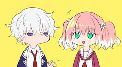  1boy daisy female flower green_eyes hand_up hiiragi_nana multicolored_hair munou_na_nana onodera_kyouya pink_hair purple_eyes school_uniform twintails two-tone_hair white_hair yukisa 