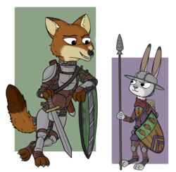  anothercolouranon anthro armor canid canine disney duo female fox headgear helmet judy_hopps lagomorph leporid male mammal melee_weapon nick_wilde polearm rabbit red_fox shield simple_background spear sword true_fox weapon zootopia 