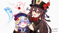  2girls anger_vein annoyed arms_up black_headwear black_nails blue_headwear blush boo_tao_(genshin_impact) brown_hair cheek_pinching cheek_pull coconut coin coin_hair_ornament collar collared_shirt dm_(nguyen_dm95) dress_shirt drink drinking_straw feathers flower fruit_cup genshin_impact ghost hair_between_eyes hair_intakes hair_ornament half-closed_eyes hands_up happy hat hat_feather hat_flower hu_tao_(genshin_impact) jewelry jiangshi light_purple_hair long_sleeves multiple_girls nail_polish necklace no_pupils oerba_yun_fang open_mouth pearl_necklace pinching pink_eyes pixiv_id plum_blossoms purple_hair qiqi_(genshin_impact) red_eyes red_flower red_shirt ring shirt short_eyebrows short_hair simple_background smile twintails twitter_username watermark wavy_mouth white_background wide_sleeves 