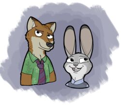  anothercolouranon anthro canid canine clothing disney duo ears_up female fox fur green_clothing grey_background grey_body grey_fur judy_hopps lagomorph leporid male mammal necktie nick_wilde rabbit red_body red_fox red_fur simple_background true_fox zootopia 