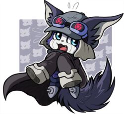  2018 ambiguous_gender anthro appmon_(species) bandai_namco big_ears blue_eyes blush canid clothing digimon digimon_(species) eyewear fluffy fluffy_tail fur goggles grey_background hat headgear headwear large_jacket mammal markings offmon open_mouth portugueselynx purple_body purple_fur simple_background solo tail white_body white_fur 