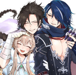  3boys absurdres bandaged_arm bandages bare_pectorals black_coat blue_gloves blue_hair blue_pupils blue_scarf blush brown_hair character_request closed_eyes coat earrings eyes_visible_through_hair fingernails fur_trim gloves grey_eyes gumilkx hair_over_one_eye highres jewelry light_brown_hair long_hair male_focus medium_hair multicolored_hair multiple_boys necklace noel_(shironeko_project) open_mouth parted_lips pectorals ponytail purple_gloves red_eyes scarf shironeko_project single_earring smile streaked_hair teeth upper_body white_gloves 