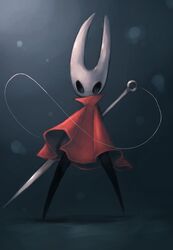  cloak female highres holding hollow_eyes hollow_knight hornet_(hollow_knight) legs_apart needle needle_(hollow_knight) needle_sword no_humans okame_nin red_cloak solo standing weapon 