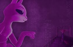  anothercolouranon anthro bandage blade_runner_2049 bridge canid canine city disney duo female fox gesture hand_gesture hi_res hologram judy_hopps lagomorph leporid male mammal nick_wilde nude pointing rabbit red_fox standing true_fox zootopia 