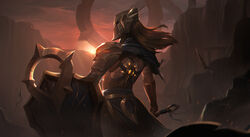  absurdres armor brown_hair female from_behind full_armor gauntlets helm helmet highres holding holding_shield holding_weapon knight league_of_legends leona_(league_of_legends) long_hair pauldrons planted shield shoulder_armor solo standing sunset vincent_t_(oriaarts) weapon 