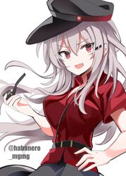  bad_id bad_twitter_id black_hat black_skirt fathom female gangut_(kancolle) gangut_dva_(kancolle) grey_hair hand_on_own_hip hat highres holding holding_smoking_pipe kantai_collection long_hair looking_at_viewer oerba_yun_fang one-hour_drawing_challenge peaked_cap red_eyes red_shirt scar scar_on_cheek scar_on_face shirt simple_background skin_fang skirt smoking_pipe solo twitter_username upper_body white_background 