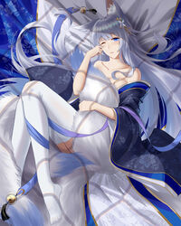  absurdres animal_ear_fluff animal_ears azur_lane bare_shoulders bell blue_eyes blue_kimono collarbone female fox_ears fox_girl frozen-sad grey_hair highres holding_own_tail japanese_clothes kimono kitsune kyuubi large_tail long_hair looking_at_viewer lying multiple_tails no_shoes off_shoulder on_back one_eye_closed shinano_(azur_lane) sleepy solo tail thighhighs very_long_hair white_tail white_thighhighs 