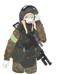  armband as_val as_val_(girls&#039;_frontline) assault_rifle bad_id bad_pixiv_id blonde_hair blue_eyes bulletproof_vest camouflage commentary female fte_(fifteen_199) girls&#039;_frontline gun helmet highres kalashnikov_rifle load_bearing_equipment long_hair microphone military oerba_yun_fang rifle russian_commentary scope smersh solo spetsnaz visor_lift weapon white_background 