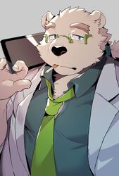  1boy animal_ears bara bear_boy bear_ears blue_eyes blue_shirt cigarette dress_shirt furry furry_male glasses green-framed_eyewear green_necktie grey_background hand_up highres holding holding_phone lab_coat leib_(housamo) looking_at_viewer loose_necktie male_focus mature_male necktie phone ponytail shirt short_hair shukou_akanaru_(trabel) solo thick_eyebrows tokyo_afterschool_summoners 