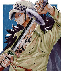  1boy arm_up black_hair brown_eyes chest_tattoo closed_mouth coat collarbone drawing_sword dripping earrings facial_hair finger_tattoo fingernails fur_coat goatee hand_tattoo hat highres holding holding_sheath holding_sword holding_weapon jewelry living_(pixiv5031111) long_sideburns looking_afar male_focus one_piece pectorals rain scabbard see-through sheath shirt sideburns solo sword tattoo trafalgar_law unsheathing upper_body v-shaped_eyebrows water weapon wet wet_clothes wet_floor wet_shirt 