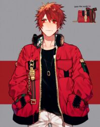  1boy bad_id bad_pixiv_id black_shirt chains closed_mouth collarbone grey_background hand_in_pocket headphones headphones_around_neck headphones_removed highres ittoki_otoya jacket jewelry long_sleeves looking_away looking_up male_focus multicolored_background nahonanaho necklace open_clothes open_jacket pants pocket red_background red_eyes red_hair red_jacket shirt smile solo standing undershirt uta_no_prince-sama white_pants zipper 