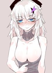  aa-12_(girls&#039;_frontline) bags_under_eyes blue_eyes blush breasts breasts_out cleavage clothes_pull collarbone female flashing girls&#039;_frontline grey_background hair_ornament highres hourai_kochou long_hair looking_at_viewer pulling_own_clothes shirt_pull solo sweat upper_body wavy_mouth white_hair 