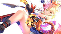  absurdres aiming arm_tattoo armpit_crease arrow_(projectile) asymmetrical_legwear bandaged_arm bandages black_gloves blonde_hair bow_(weapon) closed_mouth commentary_request female fingerless_gloves genshin_impact gloves hamayumi_(genshin_impact) highres japanese_clothes kimono kneehighs mixed-language_commentary orange_kimono sarashi short_hair simple_background single_fingerless_glove single_kneehigh single_sock single_thighhigh smile socks solo sysen tattoo thighhighs uneven_legwear weapon white_background yellow_eyes yoimiya_(genshin_impact) 