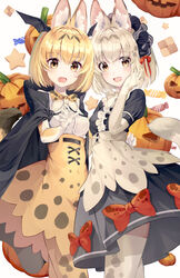  2girls :d absurdres adapted_costume animal_ear_fluff animal_ears animal_ears_(norankkori) bat_wings black_cape blonde_hair bow bowtie candy cape center_frills checkerboard_cookie commentary cookie elbow_gloves extra_ears food frills gloves halloween head_wings headdress highres jack-o&#039;-lantern kemono_friends looking_at_viewer multiple_girls oerba_yun_fang open_mouth orange_bow orange_bowtie pantyhose print_bow print_bowtie print_pantyhose print_skirt print_thighhighs puffy_short_sleeves puffy_sleeves red_bow serval_(kemono_friends) serval_print shirt short_hair short_sleeves simple_background skin_fang skirt smile tail thighhighs traditional_bowtie two-tone_bowtie white_background white_bow white_bowtie white_serval_(kemono_friends) white_shirt wings yellow_eyes 