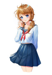  absurdres blue_eyes blue_skirt blush closed_mouth collarbone commission cowboy_shot cropped_legs female grey_background highres kama_(kama_ovo) long_hair long_sleeves looking_at_viewer low_twintails neckerchief original pleated_skirt red_neckerchief sailor_collar school_uniform serafuku shirt simple_background skirt smile solo twintails white_background white_shirt 