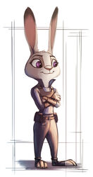  2016 anthro belt clothed clothing crossed_arms dante-ml disney fully_clothed fur grey_body grey_fur head_tuft hi_res judy_hopps lagomorph leporid light lighting mammal purple_eyes rabbit smile solo standing tuft zootopia 