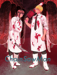  1boy apron black_necktie black_pants blonde_hair blood blood_on_clothes blood_on_shoes blood_on_weapon brown_hair butcher chainsaw chainsaw_man collared_shirt copyright_name denji_(chainsaw_man) drgryu750 female food gloves hanging_food higashiyama_kobeni highres holding holding_chainsaw looking_at_viewer machete meat mole mole_under_eye necktie pants shirt shirt_tucked_in short_hair short_ponytail sideways_glance single_sidelock sleeves_rolled_up weapon white_apron white_gloves white_shirt yellow_eyes 