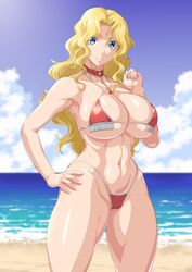  abs beach bikini blonde_hair blue_eyes breasts day female highres large_breasts long_hair looking_at_viewer micro_bikini muscular muscular_female navel ozaneko rachel_stanley red_bikini shijou_saikyou_no_deshi_ken&#039;ichi smile solo stomach swimsuit thighs 