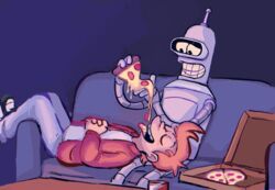  bender_bending_rodr&iacute;guez cheese clothing comedy_central container dairy_products duo food furniture futurama handsomehugs human jacket machine male male/male mammal not_furry open_mouth philip_j._fry pizza pizza_box pizza_slice politepuppet red_clothing red_jacket red_topwear robot sofa tongue tongue_out topwear 