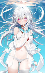  arm_at_side bare_shoulders blue_sailor_collar blush breasts cowboy_shot detached_sleeves dress female finger_to_mouth floating_hair hair_between_eyes highres index_finger_raised kamioka_shun&#039;ya light_smile long_hair long_sleeves looking_ahead looking_at_viewer navel neckerchief no_pants original panties parted_lips pink_eyes red_neckerchief sailor_collar sailor_dress see-through shiori_(kamioka_shun&#039;ya) single_thighhigh sleeveless sleeveless_dress sleeves_past_wrists solo sparkling_eyes stomach thighhighs underwater underwear white_dress white_hair white_panties white_thighhighs 