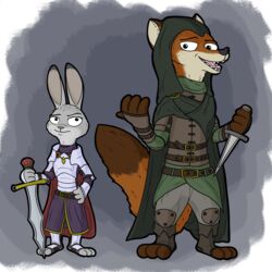  1:1 anothercolouranon anthro armor canid canine cape cloak clothing dagger disney duo female fox grey_background hi_res judy_hopps knife lagomorph leporid male mammal melee_weapon nick_wilde rabbit red_fox simple_background sword true_fox weapon zootopia 