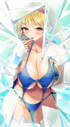  bad_id bad_pixiv_id bikini blonde_hair blue_bikini blush breasts broken_glass chromatic_aberration cleavage collarbone cosplay female glass gundam hair_behind_ear hairband highres katejina_loos large_breasts leaning_forward licking licking_finger long_hair navel neneka_nibrou neneka_nibrou_(cosplay) purple_hairband smile solo swimsuit victory_gundam yellow_eyes zanscare zest_(lossol) 