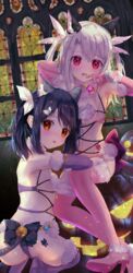  2girls absurdres adapted_costume alternate_color animal_ears ass back bare_shoulders black_hair black_tail blush boots breasts cat_ears cat_tail commentary_request cosplay elbow_gloves fate/grand_order fate/kaleid_liner_prisma_illya fate_(series) feather_hair_ornament feathers fur-trimmed_gloves fur-trimmed_legwear fur_collar fur_trim gloves hair_ornament halloween halloween_costume highres illyasviel_von_einzbern isuzu_(an_icy_cat) long_hair looking_at_viewer mash_kyrielight mash_kyrielight_(dangerous_beast) mash_kyrielight_(dangerous_beast)_(cosplay) matching_outfits miyu_edelfelt multiple_girls navel o-ring open_mouth orange_eyes red_eyes revealing_clothes small_breasts tail thigh_boots thighhighs white_hair wolf_ears wolf_tail 