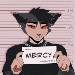  1:1 anthro barbie_and_ken_mugshot_meme black_body black_fur black_hair bodily_fluids brown_pawpads chain_necklace cheek_tuft cinderwishes clothing domestic_cat ear_piercing ear_ring english_text facial_piercing facial_tuft felid feline felis fur grey_body grey_fur hair half-closed_eyes hi_res humor jewelry lip_piercing lykoi male mammal meme mercy_(cinderwishes) mugshot narrowed_eyes necklace nose_piercing nose_ring orange_sclera pawpads paws piercing ring_piercing shirt soll solo sweat sweatdrop t-shirt tan_body tan_fur text topwear tuft 