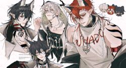  3boys :&lt; aircraft anger_vein animal_ear_fluff animal_ear_piercing animal_ears argyle_background arm_belt bare_shoulders belt belt_buckle bishounen black_choker black_collar black_eyes black_gloves black_horns black_jacket black_shirt blonde_hair bojiu_xiao buckle chain_necklace chains check_copyright chibi chinese_commentary choker clenched_hand closed_eyes closed_mouth clothes_writing collar collarbone collared_jacket commentary_request commission copyright_request cropped_torso demon_horns drop_earrings earrings eyelashes facial_tattoo flame_tattoo fox_ears frown gloves green_eyes grey_eyes hair_between_eyes head_only heart heart_choker helicopter heterochromia highres hood hood_up hooded_jacket horns horns_through_hood jacket jacket_partially_removed jewelry lapels long_sleeves looking_at_viewer male_focus medium_hair multiple_boys multiple_views neck_tattoo necklace notched_lapels open_clothes open_jacket open_mouth original pectoral_cleavage pectorals pink_lips pointy_ears red_belt red_eyes red_hair sample_watermark shirt shoulder_tattoo simple_background sleeveless sleeveless_shirt smile smirk sparkle sphere_earrings tattoo turtleneck turtleneck_shirt uh-60_blackhawk upper_body watermark white_background white_jacket white_shirt 