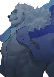  1boy abs animal_ears another_eidos-r bara bare_pectorals bear_boy bear_ears chest_tuft facial_hair furry furry_male highres huge_eyebrows jacket jacket_on_shoulders large_pectorals male_focus mature_male moustache muscular muscular_male neumo no_nipples pectorals profile short_hair sigvaldi_(another_eidos) smile solo standing thick_mustache tsurime upper_body white_fur 