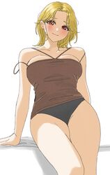  arm_support black_panties blonde_hair breasts brown_camisole camisole commentary dunchy female highres leaning_back looking_at_viewer medium_hair original panties red_eyes simple_background solo thighs underwear white_background 