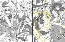  4girls apron ascot between_fingers bow bowtie braid chest_sarashi closed_mouth collared_shirt commentary_request detached_sleeves dress falling_petals fighting_stance frilled_bow frilled_hair_tubes frills frown gloves gohei greyscale grin hair_tubes hairband hairbow hakurei_reimu hat hat_bow highres hitodama holding holding_gohei holding_knife holding_sword holding_weapon izayoi_sakuya katana kirisame_marisa knife konpaku_youmu konpaku_youmu_(ghost) long_hair long_sleeves maid maid_headdress mary_janes mero_(starfish_jcs) mini-hakkero monochrome multiple_girls multiple_swords navel ofuda ofuda_between_fingers partially_fingerless_gloves petals pocket_watch ribbon-trimmed_sleeves ribbon_trim sarashi sheath sheathed shirt shoes short_sleeves side_braid single_braid skirt smile socks spot_color sword touhou unsheathed vest waist_apron watch weapon witch_hat yin_yang 