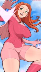  afrobull artist_name atom_eve blue_sky blush bodysuit breasts cape cloud english_commentary female green_eyes highres invincible_(series) large_breasts leotard long_hair looking_at_viewer open_mouth orange_hair pink_bodysuit pink_cape pink_leotard signature sky solo superhero_costume venus_symbol 