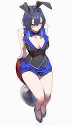  absurdres alternate_costume animal_ear_hairband animal_ears arm_support bare_shoulders black_footwear blue_bow blue_bowtie blue_eyes blue_hair blue_skirt blush bow bowtie breasts bunny_garden cleavage cosplay covered_navel detached_collar fake_animal_ears female from_above full_body hair_between_eyes hairband highres hololive hololive_english lapels large_breasts legs_together miuka_(bunny_garden) miuka_(bunny_garden)_(cosplay) nontraditional_playboy_bunny notched_lapels on_stool ouro_kronii pleated_skirt rabbit_ear_hairband rabbit_ears rabbit_tail short_hair shy sitting skirt solo stool tail theflatfacadeds thighs vest virtual_youtuber white_background white_wrist_cuffs wrist_cuffs 