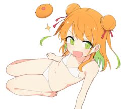  absurdres barefoot bikini blush double_bun female flat_chest green_eyes green_hair hair_bun hair_ribbon highres indie_virtual_youtuber long_hair looking_at_viewer luke_(dydansgur) multicolored_hair open_mouth orange_hair red_ribbon ribbon simple_background solo sparkle swimsuit tamura_mikan virtual_youtuber white_background white_bikini 