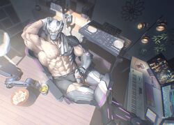  1boy abs arm_behind_head armpits bara book bookshelf can clock computer_keyboard cross_scar cup_ramen dai-xt danzo_(live_a_hero) fingerless_gloves floor_lamp full_body gloves guitar helmet highres holding holding_can indoors instrument keyboard_(instrument) large_pectorals live_a_hero looking_to_the_side male_focus male_underwear mechanical_arms mechanical_legs mixing_console monitor multiple_scars muscular muscular_male navel nipples on_chair parquet_floor pectorals perspective scar scar_on_arm scar_on_chest single_mechanical_arm sitting solo thick_arms topless_male towel towel_around_neck underwear veins veiny_arms yellow_eyes 