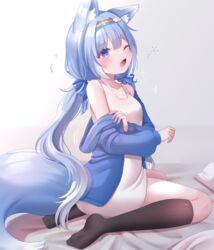  absurdres animal_ear_fluff animal_ears bare_shoulders bed_sheet black_thighhighs blue_bow blue_eyes blue_hair blue_jacket blunt_bangs blush bow breasts commission dress female from_side full_body hair_between_eyes hairband hairbow highres honyang jacket long_hair long_sleeves low_twintails no_shoes oerba_yun_fang off_shoulder on_bed one_eye_closed open_clothes open_jacket open_mouth original pencil_dress rainbow_hairband removing_jacket short_dress sitting sleepy sleeveless sleeveless_dress small_breasts solo squeans tail thighhighs twintails wariza white_dress 