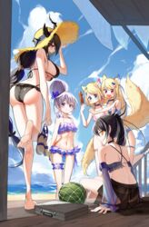  5girls animal_ears ass asymmetrical_horns back ball barefoot beachball bikini black_hair blonde_hair blue_eyes blue_hair breasts commentary dog_ears dog_girl dog_tail english_commentary food fried_squid fruit fuwawa_abyssgard grey_hair hair_bun hat highres holding holding_ball holding_beachball holoadvent hololive hololive_english horns horns_through_headwear koseki_bijou mococo_abyssgard multicolored_hair multiple_girls navel nerissa_ravencroft oerba_yun_fang outdoors pink_eyes pink_hair ponytail purple_eyes red_eyes remirii shiori_novella siblings single_hair_bun sisters skin_fang smile soles straw_hat streaked_hair swimsuit tail twins virtual_youtuber watermelon yellow_eyes 