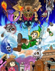  blonde_hair boots brick_wall brown_hair captain_keeta castle dampe_(zelda) fairy falling flaming_sword flaming_weapon garo_master glowing glowing_eyes green_tunic holding holding_sword holding_weapon igos_du_ikana link moon_(zelda) osakana5300 pamela&#039;s_father pamela_(zelda) phrygian_cap pink_skirt skirt sword the_legend_of_zelda the_legend_of_zelda:_majora&#039;s_mask weapon young_link 