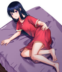  adashino_oto aona_(anagasaki) barefoot black_hair dress expressionless female from_above hand_on_own_hip highres kaii_to_otome_to_kamikakushi long_hair looking_at_viewer lying on_bed on_side open_mouth purple_eyes red_dress short_sleeves solo twitter_username white_background 