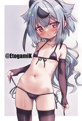  ass_visible_through_thighs bikini bikini_pull black_bikini black_gloves black_thighhighs blush breasts clothes_pull commentary_request cowboy_shot elbow_gloves etogami_kazuya female fingerless_gloves gloves grey_hair groin highres long_hair meika_mikoto multicolored_hair navel pulling_own_clothes red_eyes side-tie_bikini_bottom small_breasts solo standing stomach streaked_hair swimsuit thighhighs thighs vocaloid 