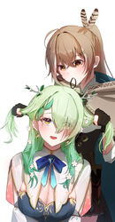  2girls absurdres ahoge breasts brown_cloak brown_eyes brown_hair ceres_fauna ceres_fauna_(1st_costume) cleavage cloak commentary earrings feather_hair_ornament feathers flower gloves green_hair hair_flower hair_ornament hair_tie_in_mouth highres hololive hololive_english jewelry large_breasts long_hair mole mole_under_eye mouth_hold multiple_girls nanashi_mumei nanashi_mumei_(1st_costume) partially_fingerless_gloves ponytail sashal tying_another&#039;s_hair virtual_youtuber white_background yellow_eyes 