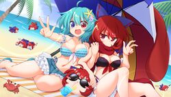  beach bikini bikini_under_shorts black_bikini blue_bikini blue_eyes blue_hair bow breasts cleavage commentary_request commission crab cup disembodied_head drinking_glass eating flip-flops frills full_body hairbow heterochromia karakasa_obake large_breasts looking_at_viewer muchin_jousha multicolored_umbrella multiple_girls multiple_heads navel open_mouth red_eyes red_hair red_scarf ribbon-trimmed_bikini salute sandals scarf sekibanki sekibanki_(dullahan_on_the_beach) shell_hair_ornament short_hair single_sandal skeb_commission smile starfish_hair_ornament striped_bikini striped_clothes sunglasses swimsuit tatara_kogasa tatara_kogasa_(beach_umbrella_castaway) tongue touhou touhou_lostword umbrella 