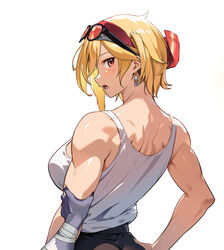  2girls bandaged_arm bandages blonde_hair blush breasts earrings eyewear_on_head hand_on_another&#039;s_arm hand_on_own_hip highres hololive hololive_indonesia jewelry kaela_kovalskia kureiji_ollie large_breasts looking_at_viewer looking_back medium_hair meme multiple_girls muscular muscular_female open_mouth popo_(popo0cat) pov_cheek_grabbing_(meme) red-tinted_eyewear red_eyes simple_background tank_top tinted_eyewear virtual_youtuber white_background 